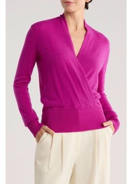 Sofia Cashmere 100% Cashmere Faux Wrap Sweater in Magenta Size M